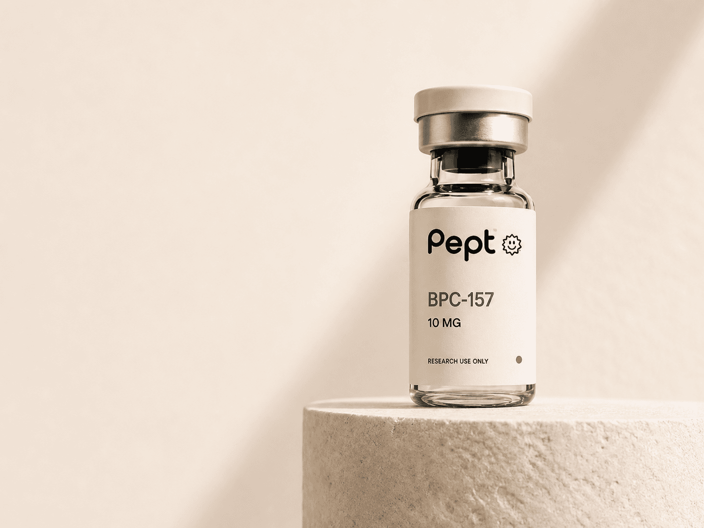 Pept BPC-157 research vial on a limestone pedestal